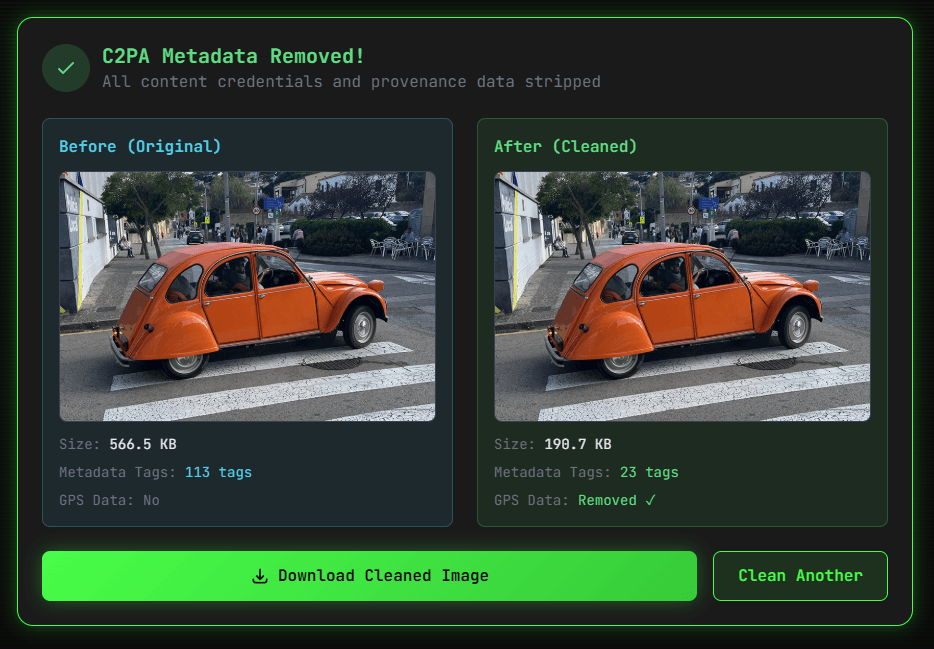 C2PA Metadata Remover - Remove content credentials and provenance data from AI-generated images